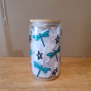 Dragonflies and Stars Clear Glass Tumber 16oz Bamboo Lid Glass Straw, Dark Teal